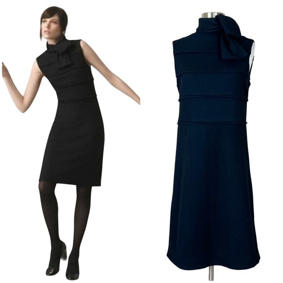 Tory Burch | Duncan Black Wool Tie Neck Designer A Line Solid Sleeveless Dress M - Picture 1 of 11